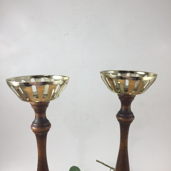 Retro Turned Wood and Metal Pair Candle Holders Votive Tall - Picture 4 of 10